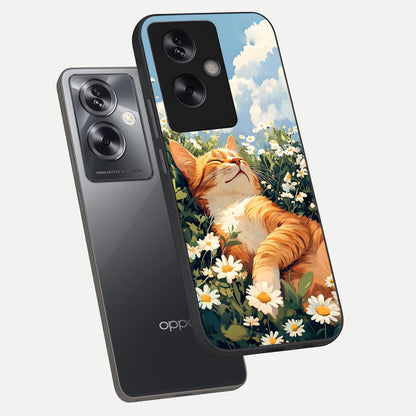  Cat And Flowers View phone case For Oppo A79 showing premium glass back cover with detailed artwork