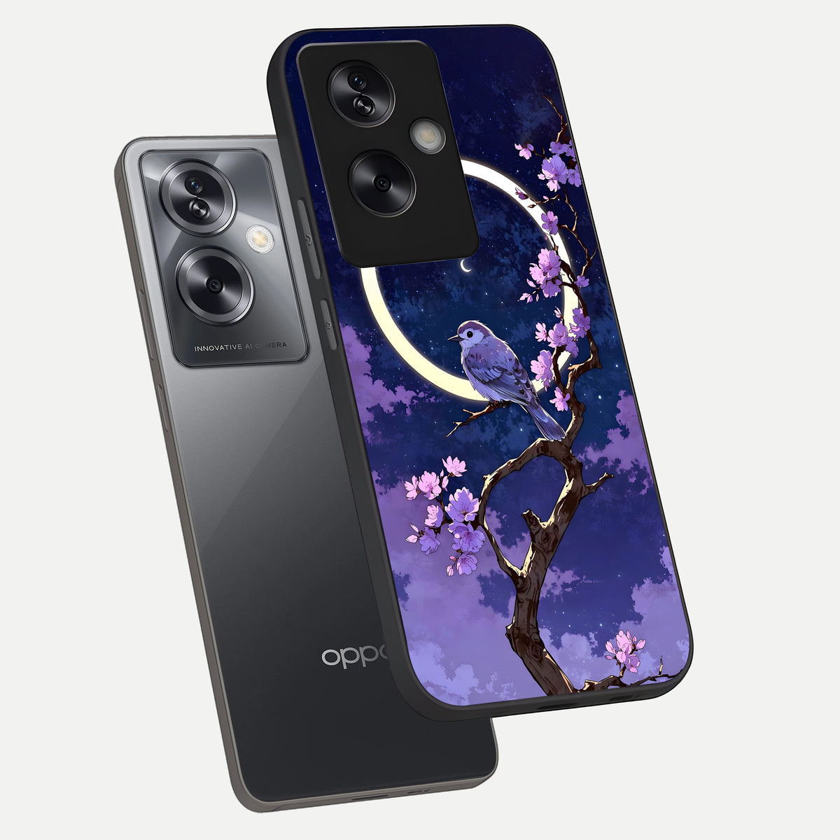  Celestial Bird Blossom phone case For Oppo A79 showing premium glass back cover with detailed artwork