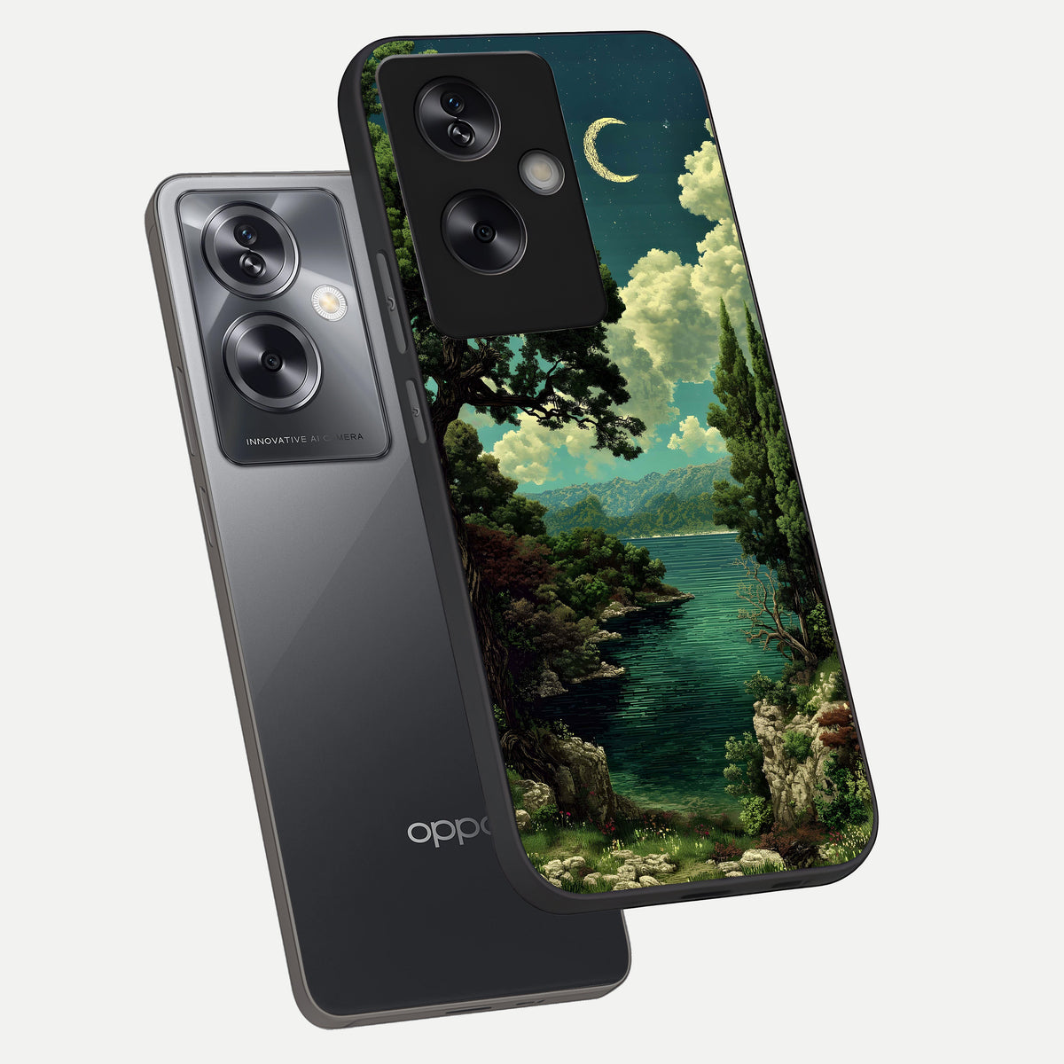  Celestial Lake Peace phone case For Oppo A79 showing premium glass back cover with detailed artwork