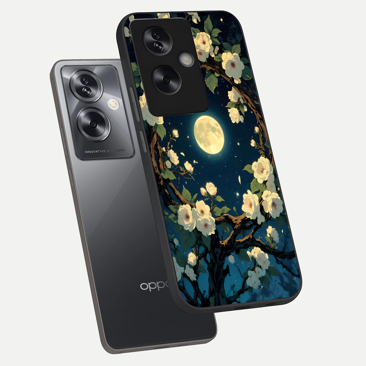  Celestial Moon And Flower phone case For Oppo A79 showing premium glass back cover with detailed artwork