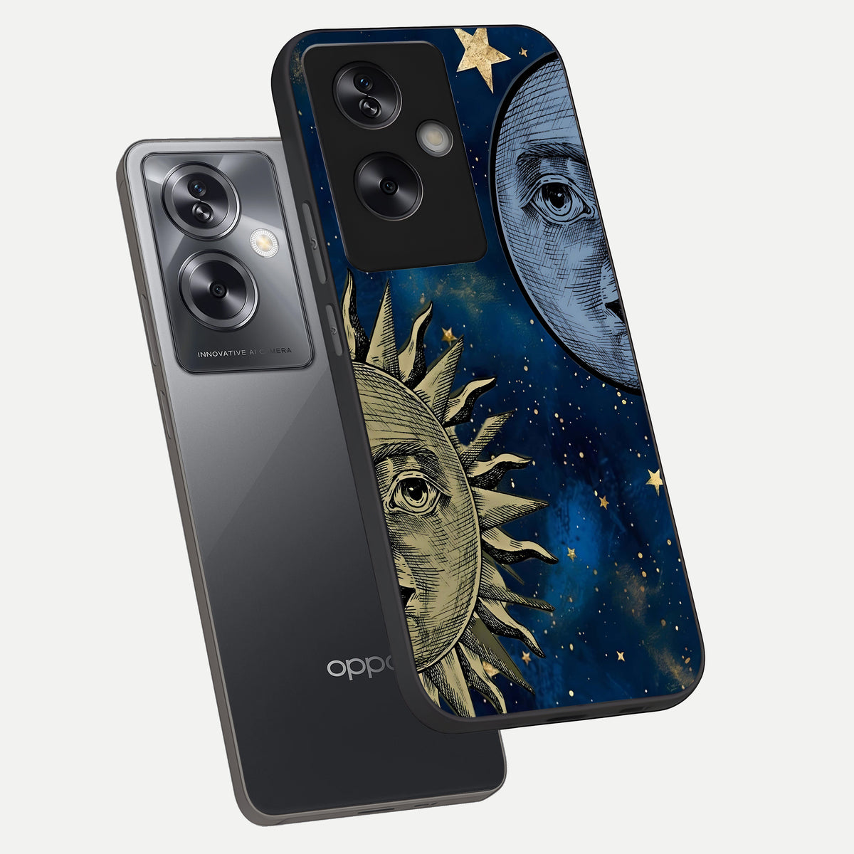  Celestial Moon With Sun phone case For Oppo A79 showing premium glass back cover with detailed artwork