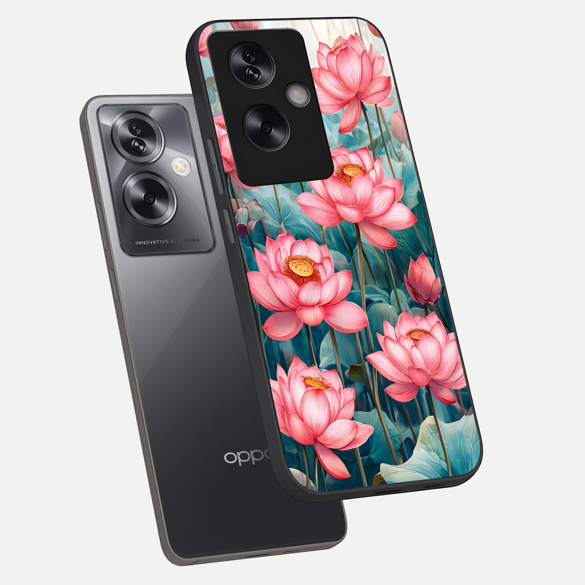  Celestial Pink Lotus phone case For Oppo A79 showing premium glass back cover with detailed artwork