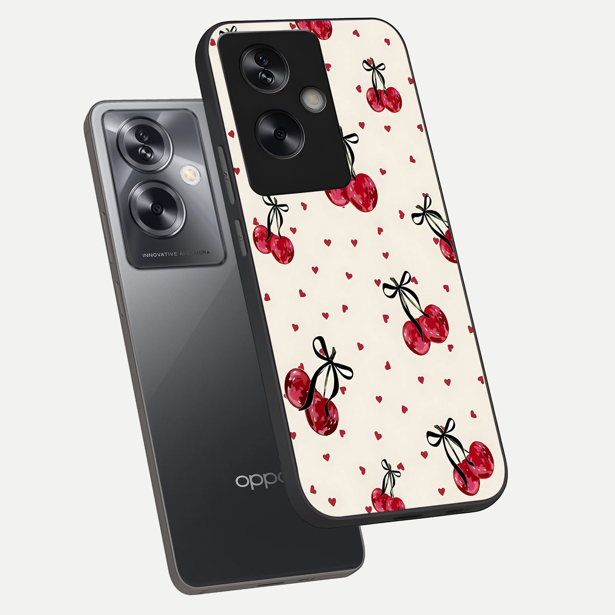 Cherry Heart Bow phone case For Oppo A79 showing premium glass back cover with detailed artwork