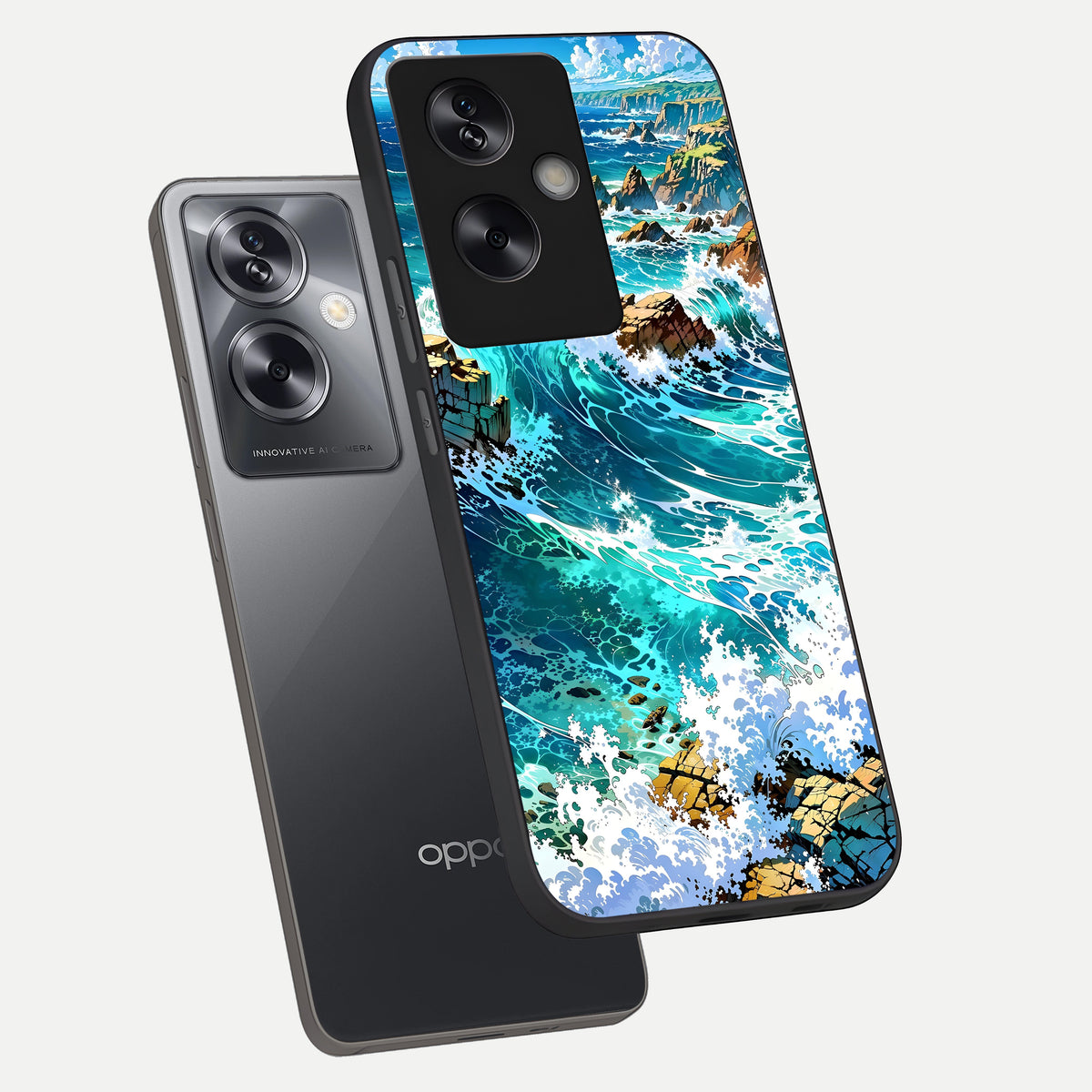  Coastal Blue Waves phone case For Oppo A79 showing premium glass back cover with detailed artwork