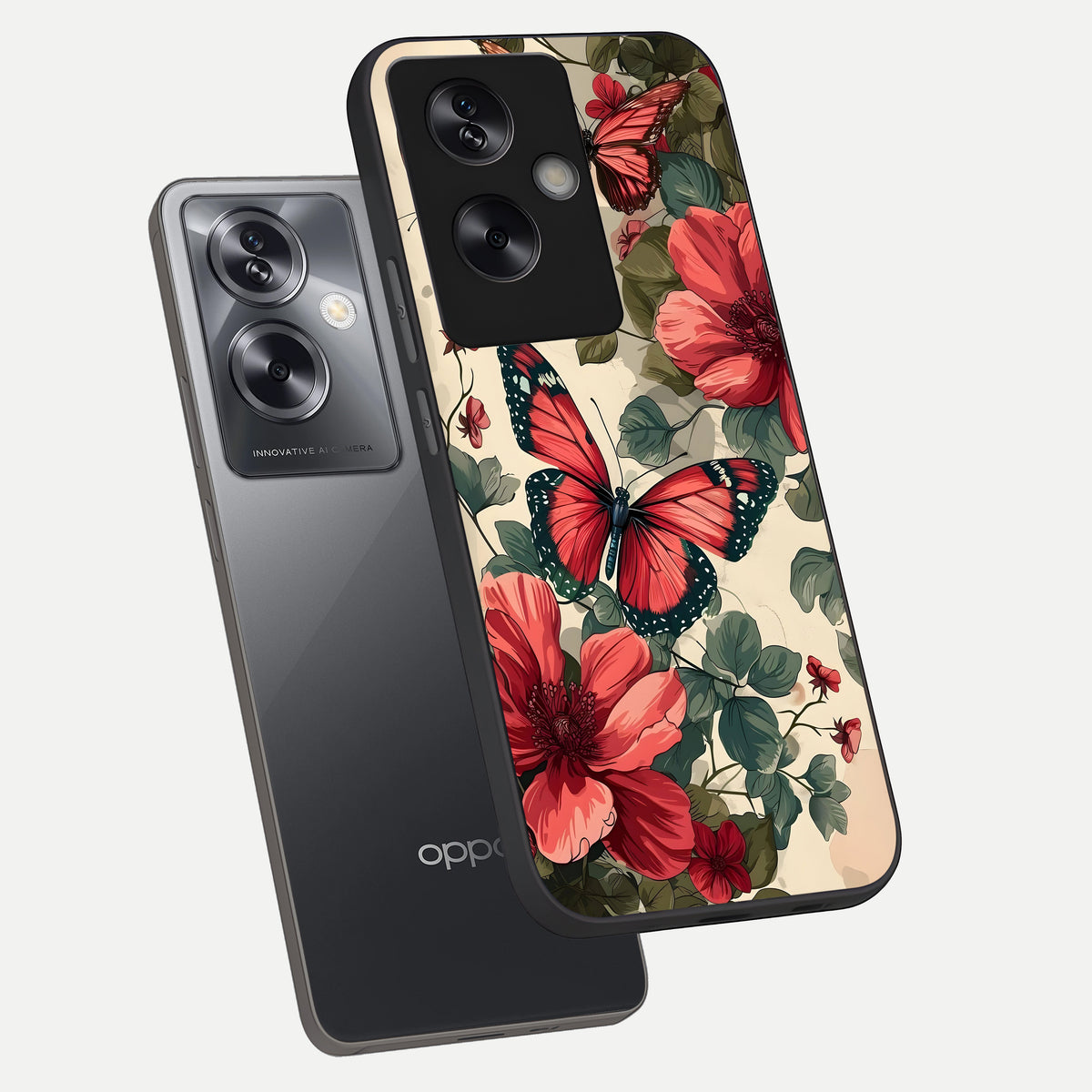  Crimson Butterfly Garden phone case For Oppo A79 showing premium glass back cover with detailed artwork