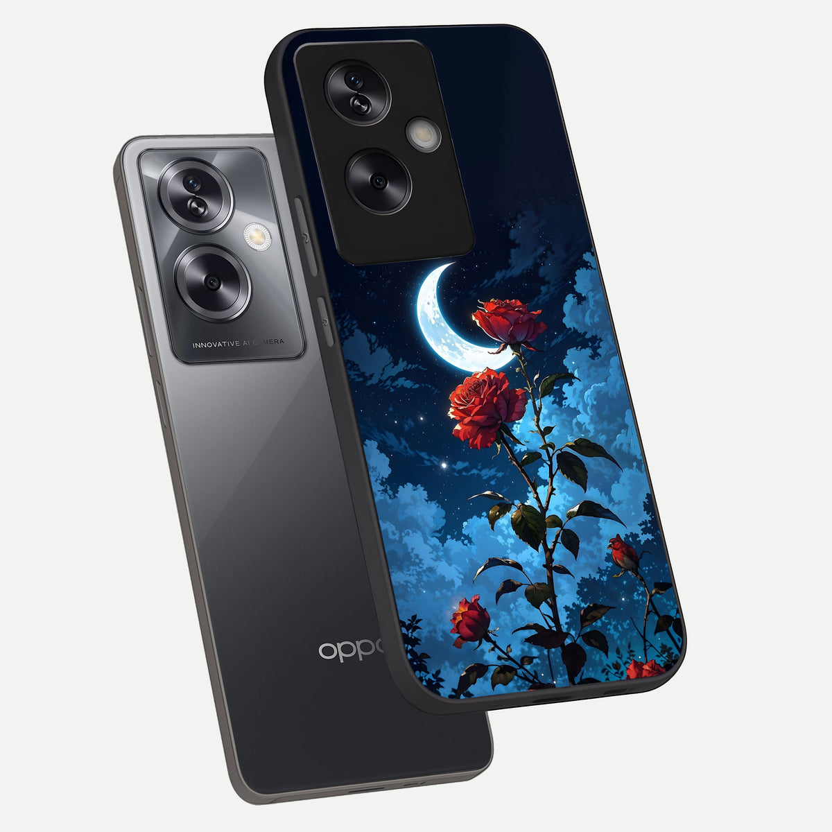  Crimson Rose Moon phone case For Oppo A79 showing premium glass back cover with detailed artwork