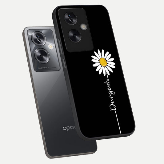  Custom Name White Flower phone case For Oppo A79 showing premium glass back cover with detailed artwork