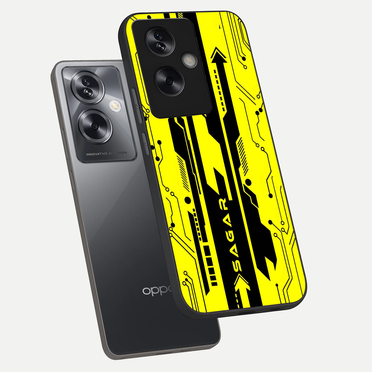  Electric Pulse CYBERPUNK Custom Name phone case For Oppo A79 showing premium glass back cover with detailed artwork