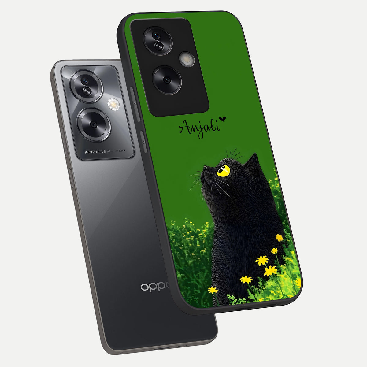  Emerald Cat Custom Name phone case For Oppo A79 showing premium glass back cover with detailed artwork