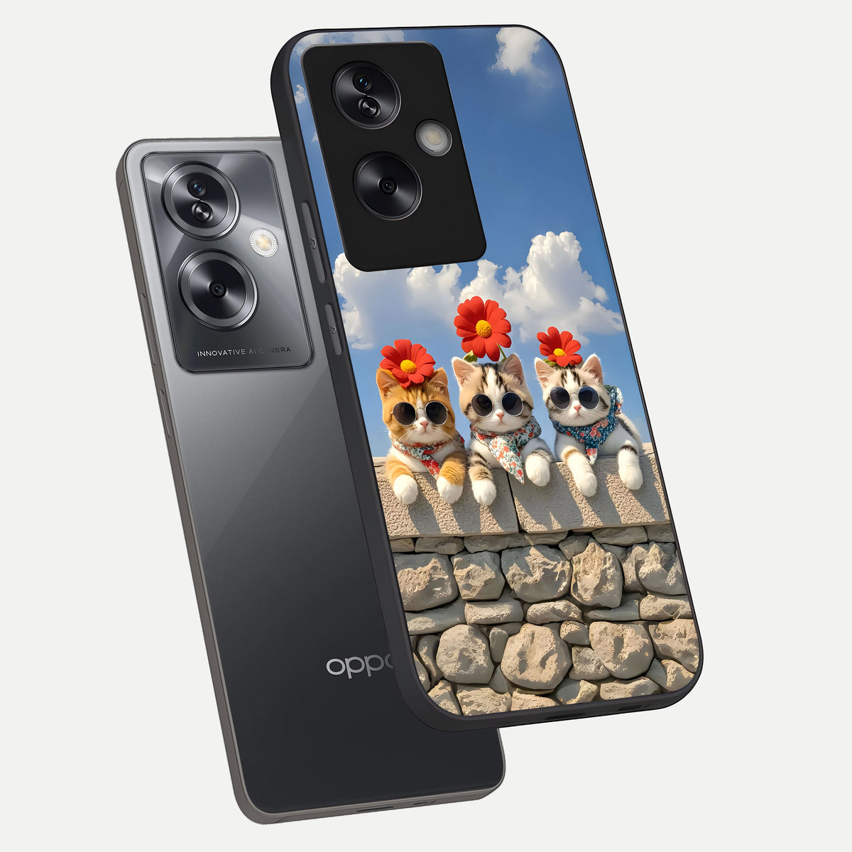  Floral Kitty Squad phone case For Oppo A79 showing premium glass back cover with detailed artwork