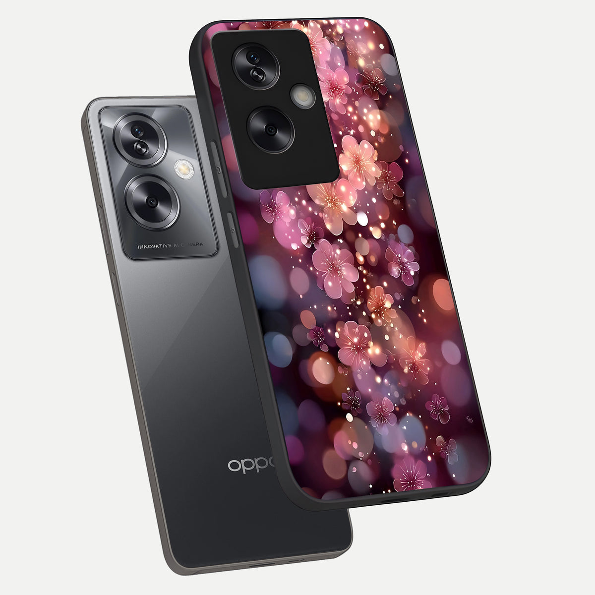  Glowing Petal Bliss phone case For Oppo A79 showing premium glass back cover with detailed artwork