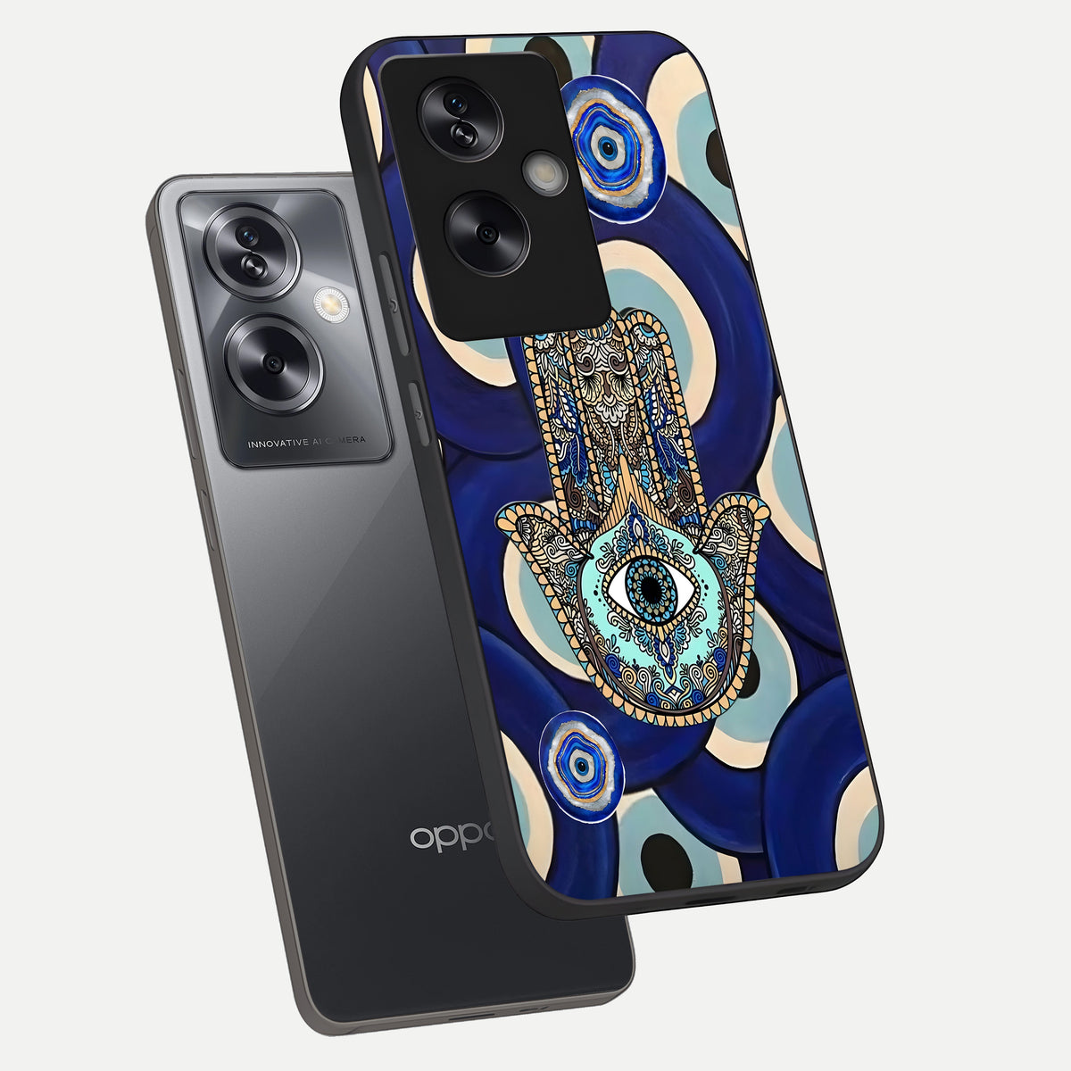  Hamsa Divine Guard phone case For Oppo A79 showing premium glass back cover with detailed artwork