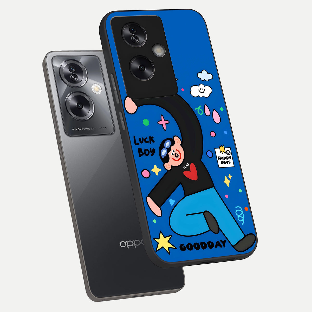  Happy Luck Vibe phone case For Oppo A79 showing premium glass back cover with detailed artwork
