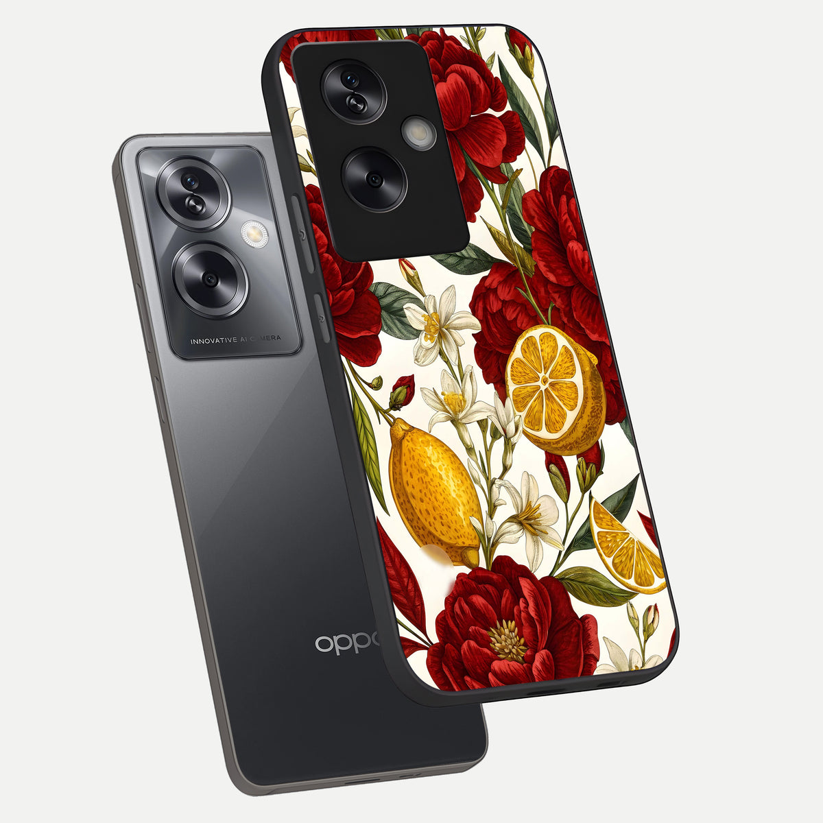  Lemon Rose Charm phone case For Oppo A79 showing premium glass back cover with detailed artwork