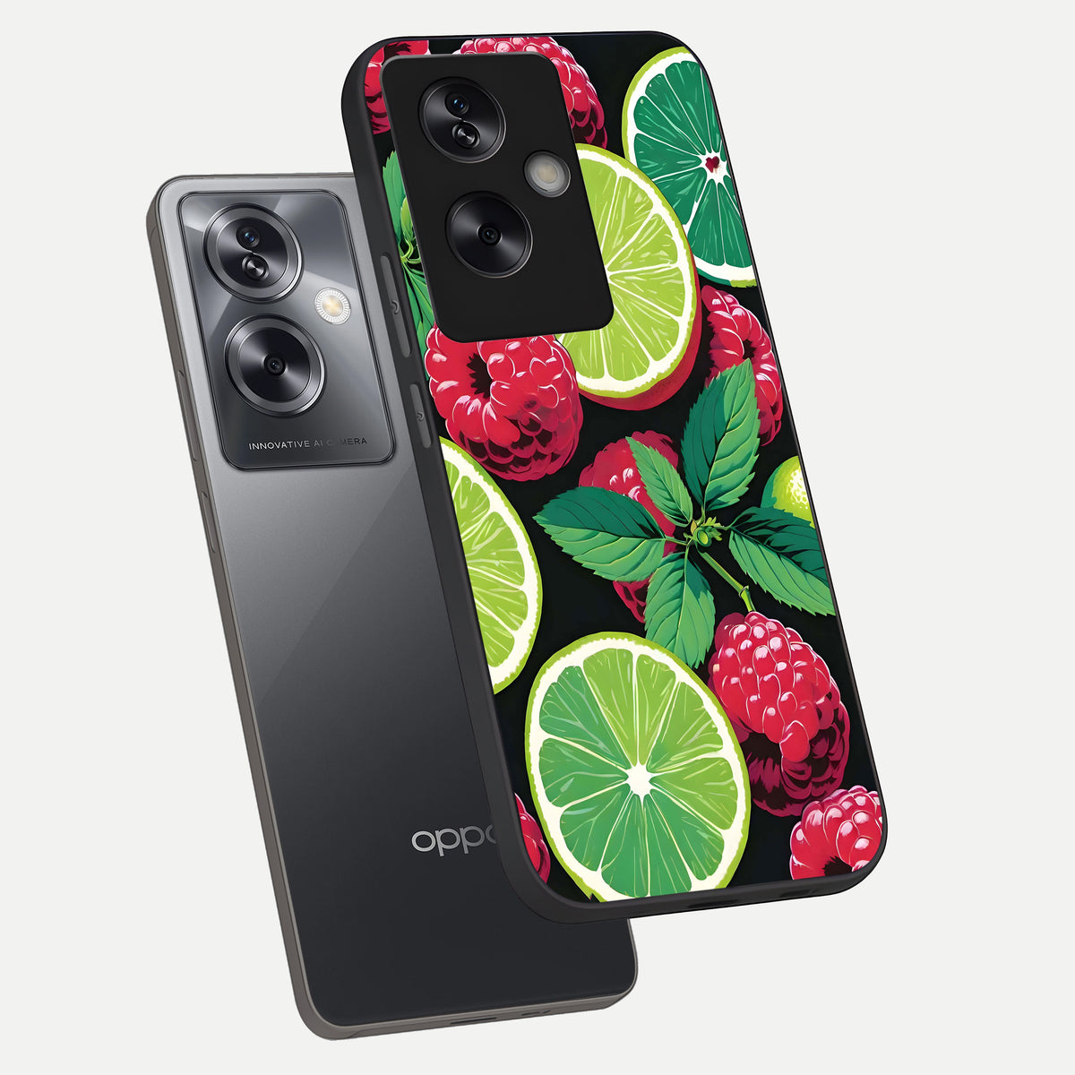  Lime and Raspberry Pattern phone case For Oppo A79 showing premium glass back cover with detailed artwork