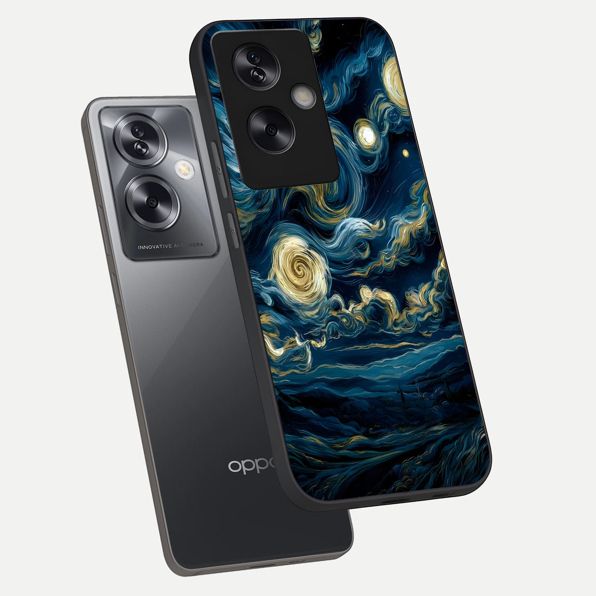  Midnight Sky Whirl phone case For Oppo A79 showing premium glass back cover with detailed artwork
