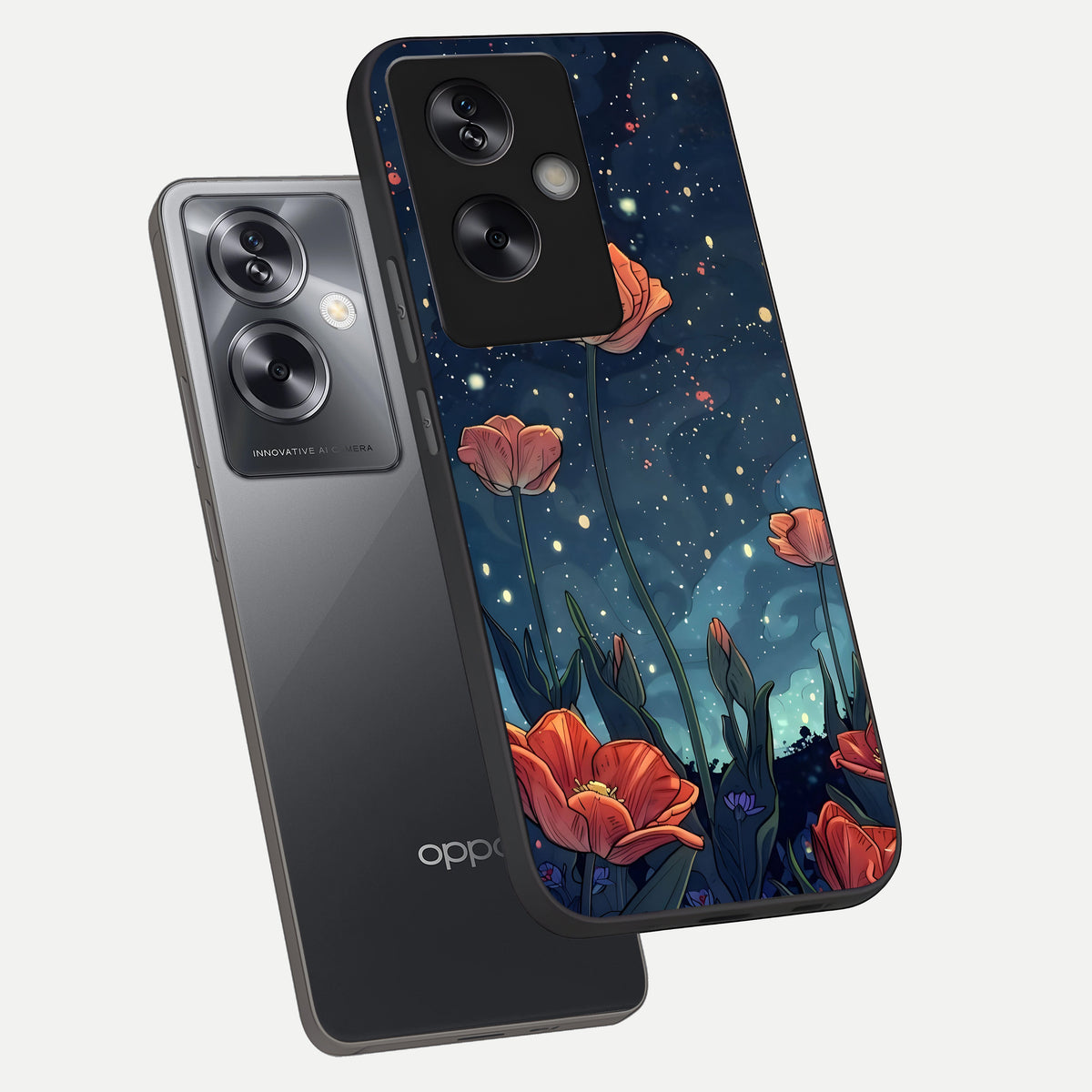  Midnight Tulip Glow phone case For Oppo A79 showing premium glass back cover with detailed artwork