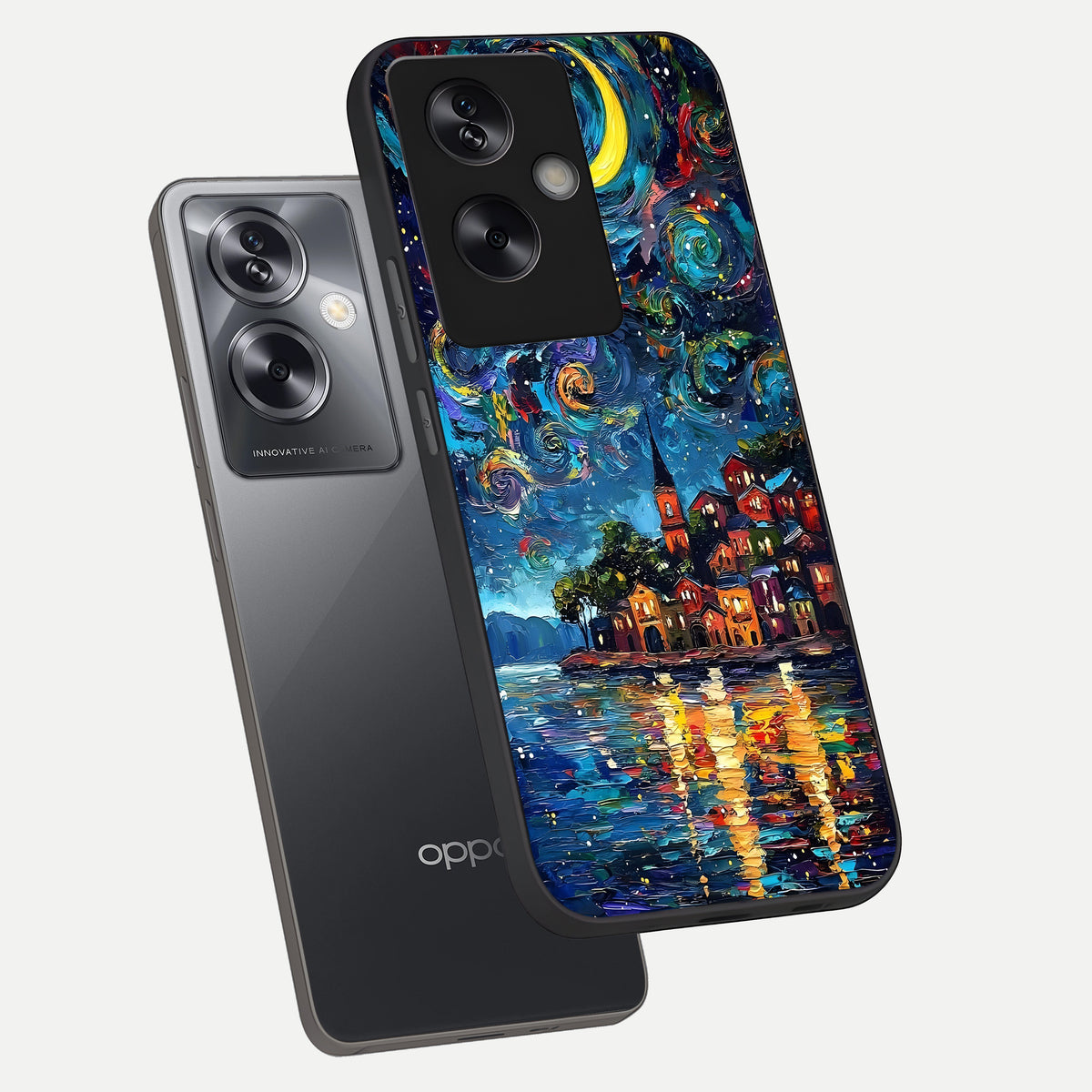  Moonlight Harbor Glow phone case For Oppo A79 showing premium glass back cover with detailed artwork