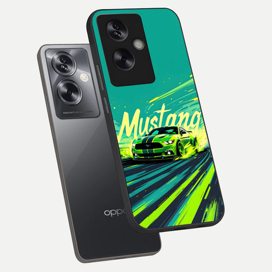  Mustang Bang phone case For Oppo A79 showing premium glass back cover with detailed artwork