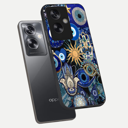  Mystic Blue Evil Eye phone case For Oppo A79 showing premium glass back cover with detailed artwork