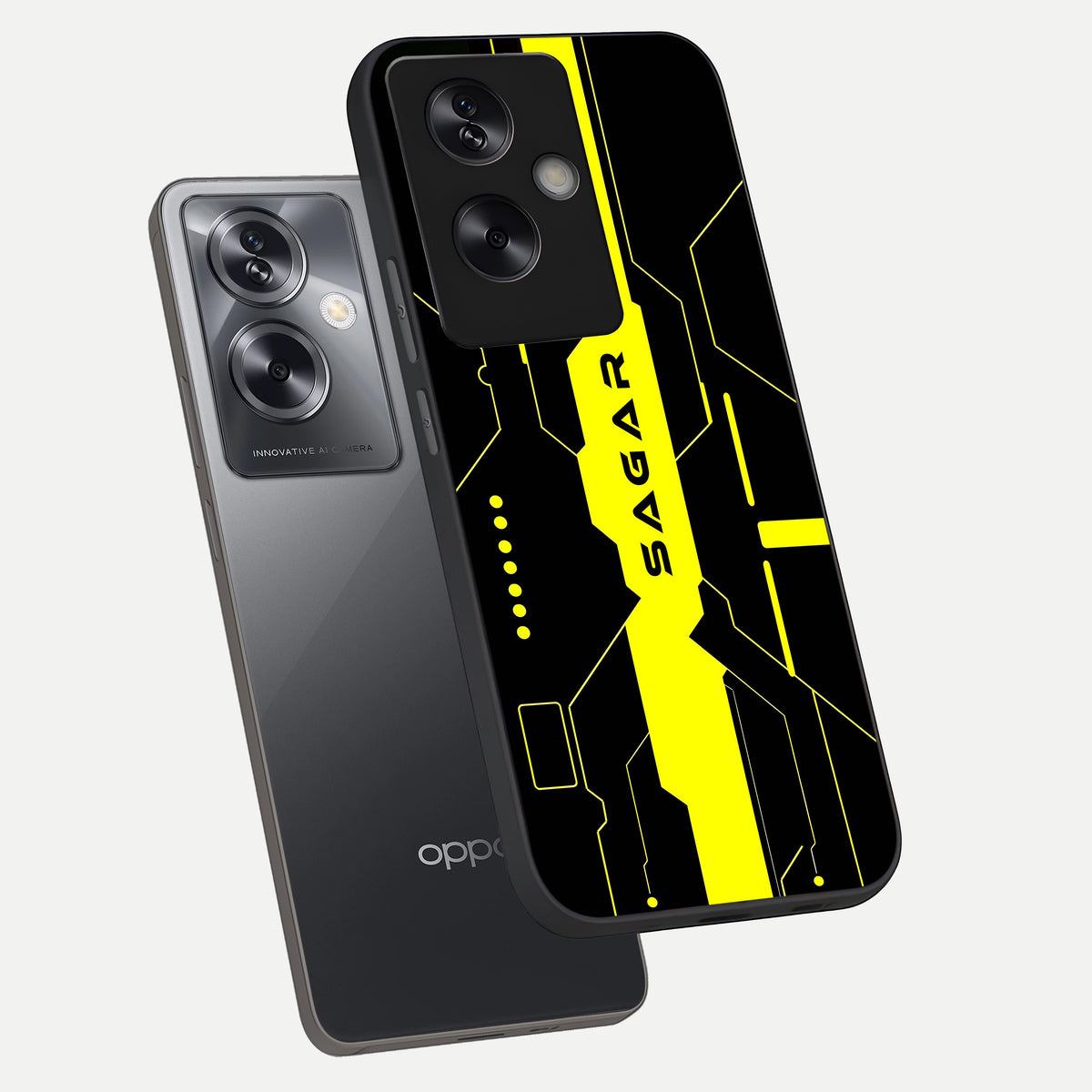  Neon CYBERPUNK Custom Name phone case For Oppo A79 showing premium glass back cover with detailed artwork