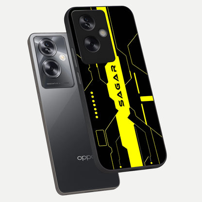  Neon CYBERPUNK Custom Name phone case For Oppo A79 showing premium glass back cover with detailed artwork