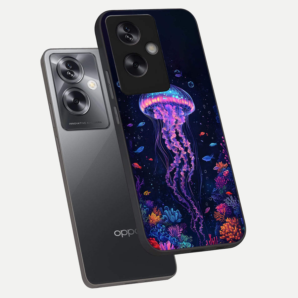  Neon Jellyfish phone case For Oppo A79 showing premium glass back cover with detailed artwork