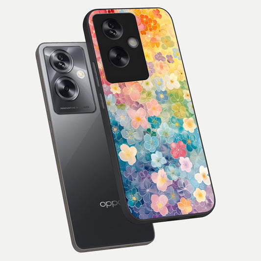  Rainbow Blossom Burst phone case For Oppo A79 showing premium glass back cover with detailed artwork