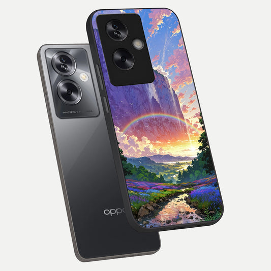  Rainbow Valley Dream phone case For Oppo A79 showing premium glass back cover with detailed artwork