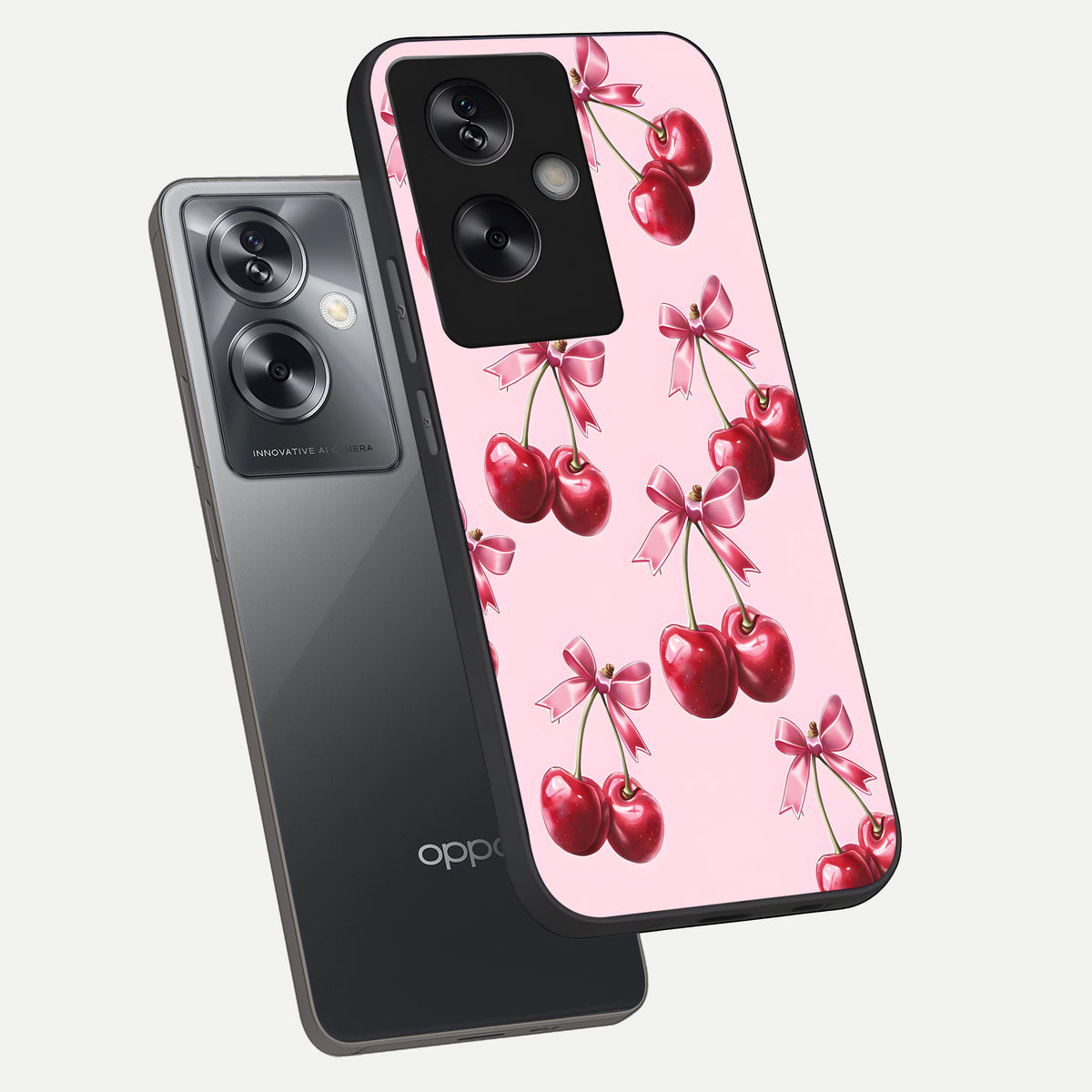  Red Cherries Pattern phone case For Oppo A79 showing premium glass back cover with detailed artwork