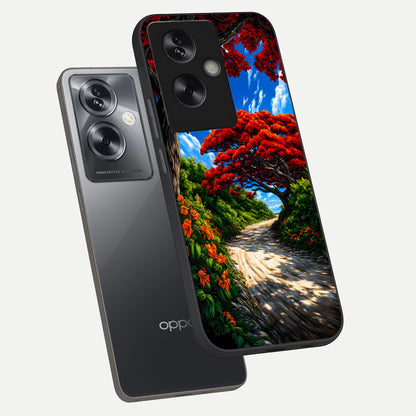  Red Trees Pathway phone case For Oppo A79 showing premium glass back cover with detailed artwork