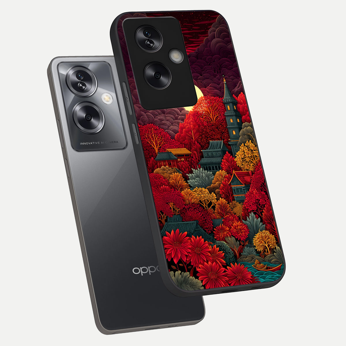  Scarlet Autumn Temple phone case For Oppo A79 showing premium glass back cover with detailed artwork