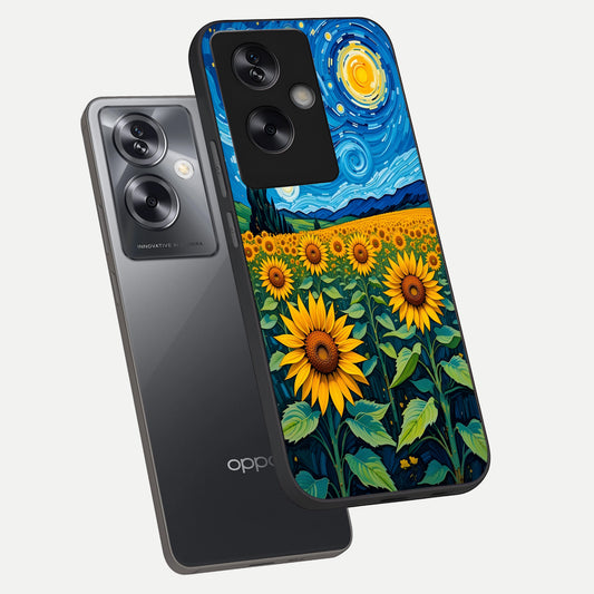  Starry Sunflower Dreams phone case For Oppo A79 showing premium glass back cover with detailed artwork
