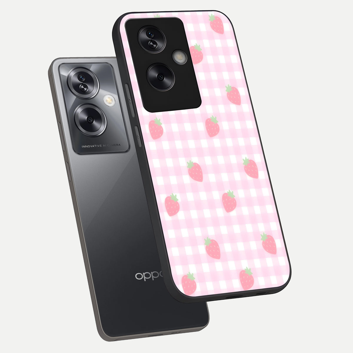  Strawberry Picnic Love phone case For Oppo A79 showing premium glass back cover with detailed artwork