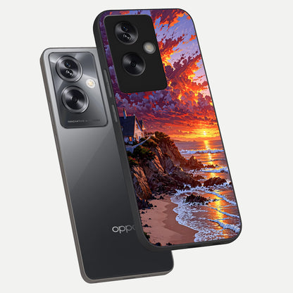  Sunset House By Sea phone case For Oppo A79 showing premium glass back cover with detailed artwork