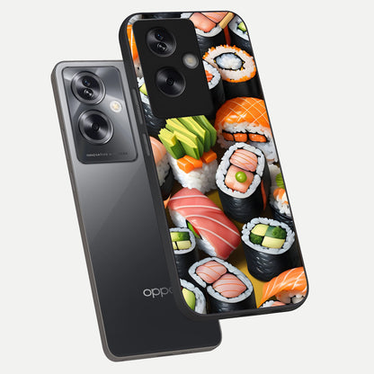  Sushi Food Pattern phone case For Oppo A79 showing premium glass back cover with detailed artwork