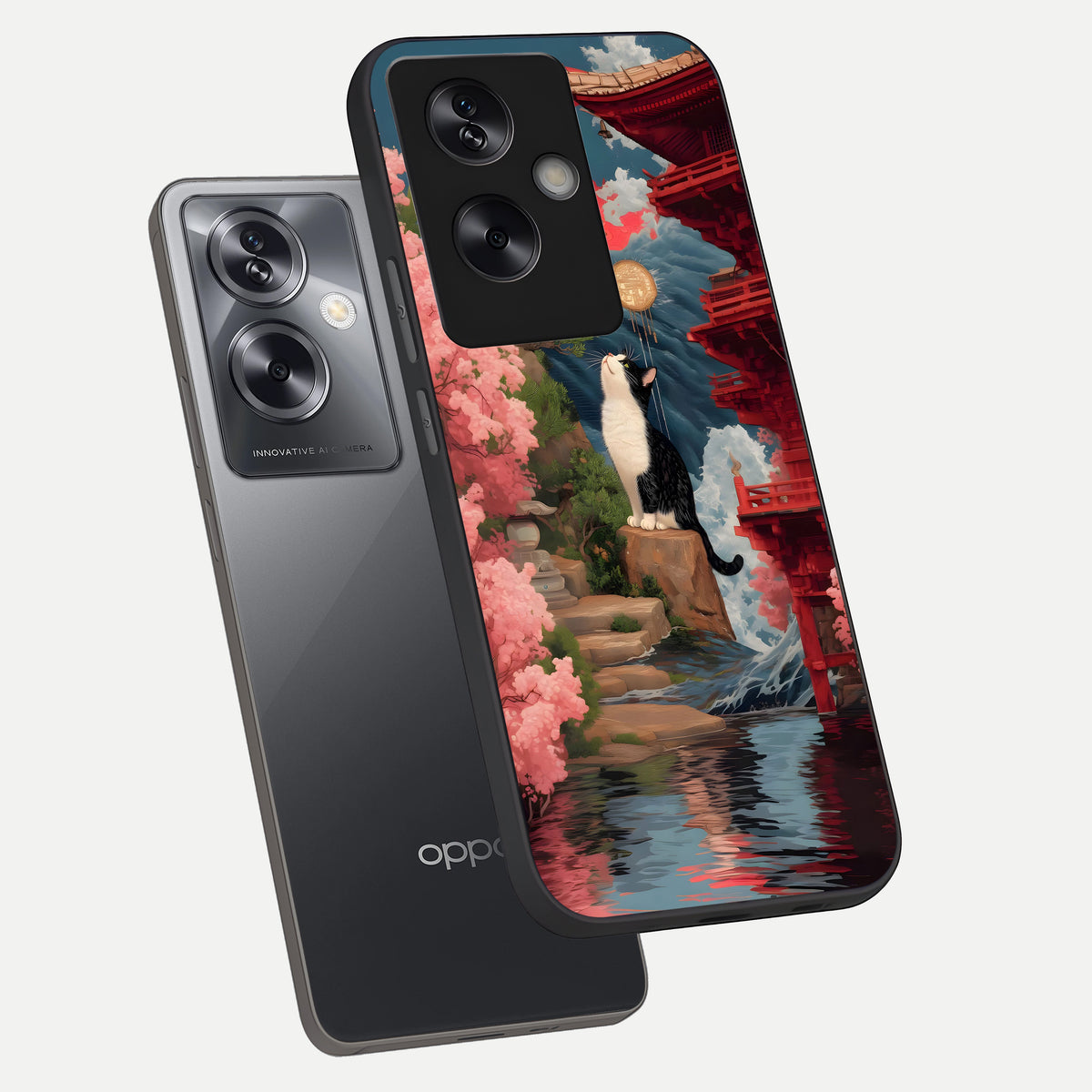  Temple Cat Scenery phone case For Oppo A79 showing premium glass back cover with detailed artwork