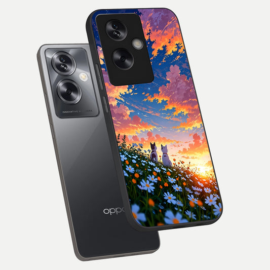  Two Cats Friends phone case For Oppo A79 showing premium glass back cover with detailed artwork