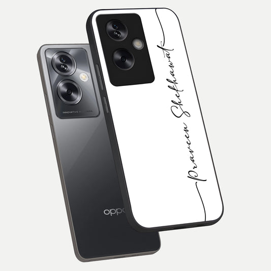  White Tune Custom Name phone case For Oppo A79 showing premium custom name glass back cover