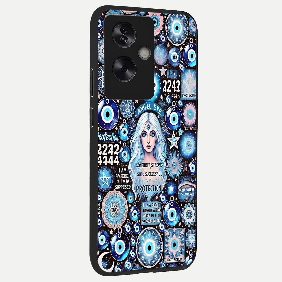  Angel Aura Shield back cover For Oppo A79 slim fit glass case with vibrant aesthetic design
