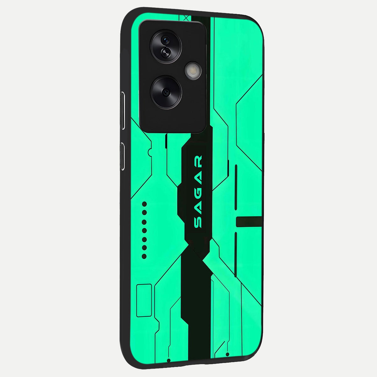  Aqua Tech CYBERPUNK Custom Name back cover For Oppo A79 slim fit glass case with vibrant aesthetic design