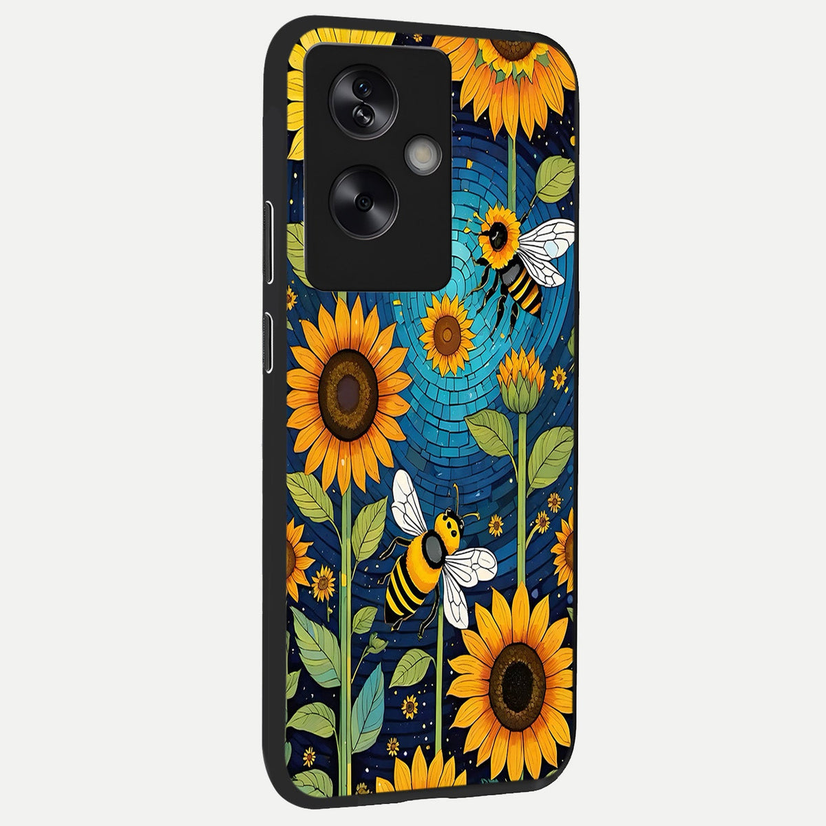  Bees And Sunflowers back cover For Oppo A79 slim fit glass case with vibrant aesthetic design