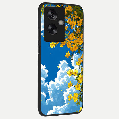  Golden Petal Sky back cover For Oppo A79 slim fit glass case with vibrant aesthetic design