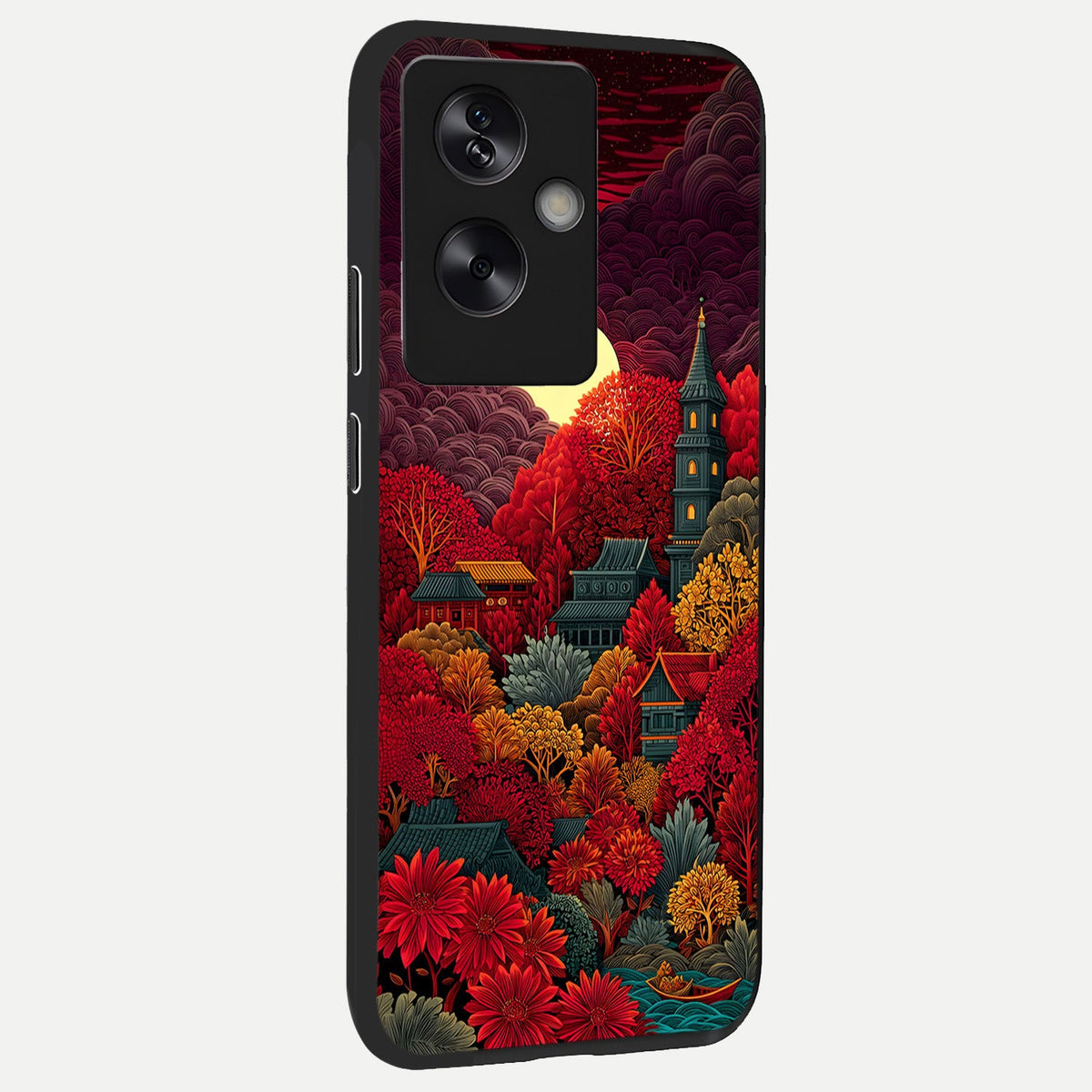  Scarlet Autumn Temple back cover For Oppo A79 slim fit glass case with vibrant aesthetic design