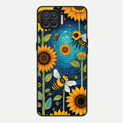  Bees And Sunflowers Glass Case For Oppo F17 back cover – full design glossy printed glass finish