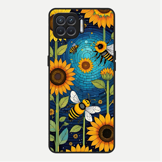  Bees And Sunflowers Glass Case For Oppo F17 back cover – full design glossy printed glass finish