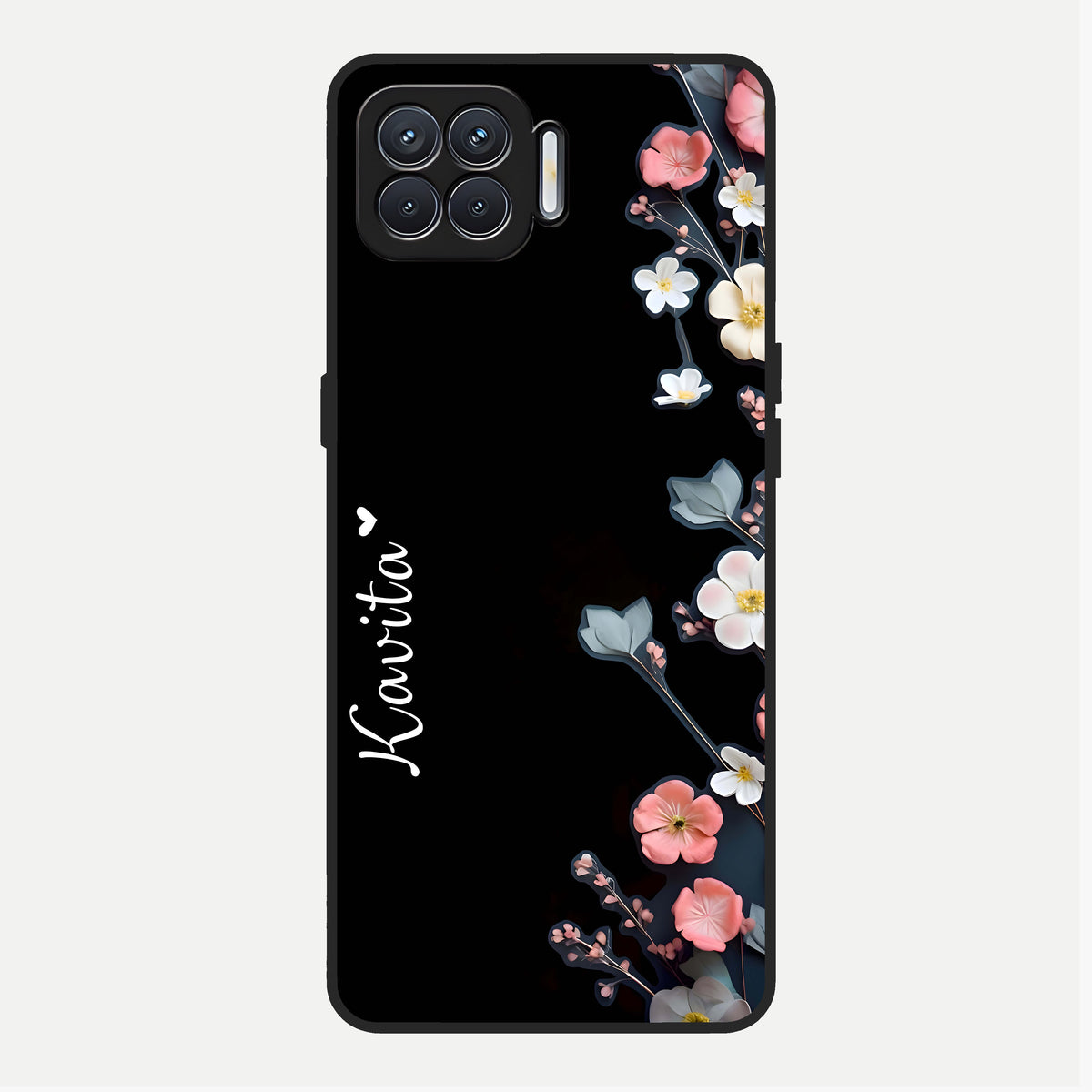  Black Elegance Floral Custom Name Glass Case For Oppo F17 back cover – full design glossy printed glass finish