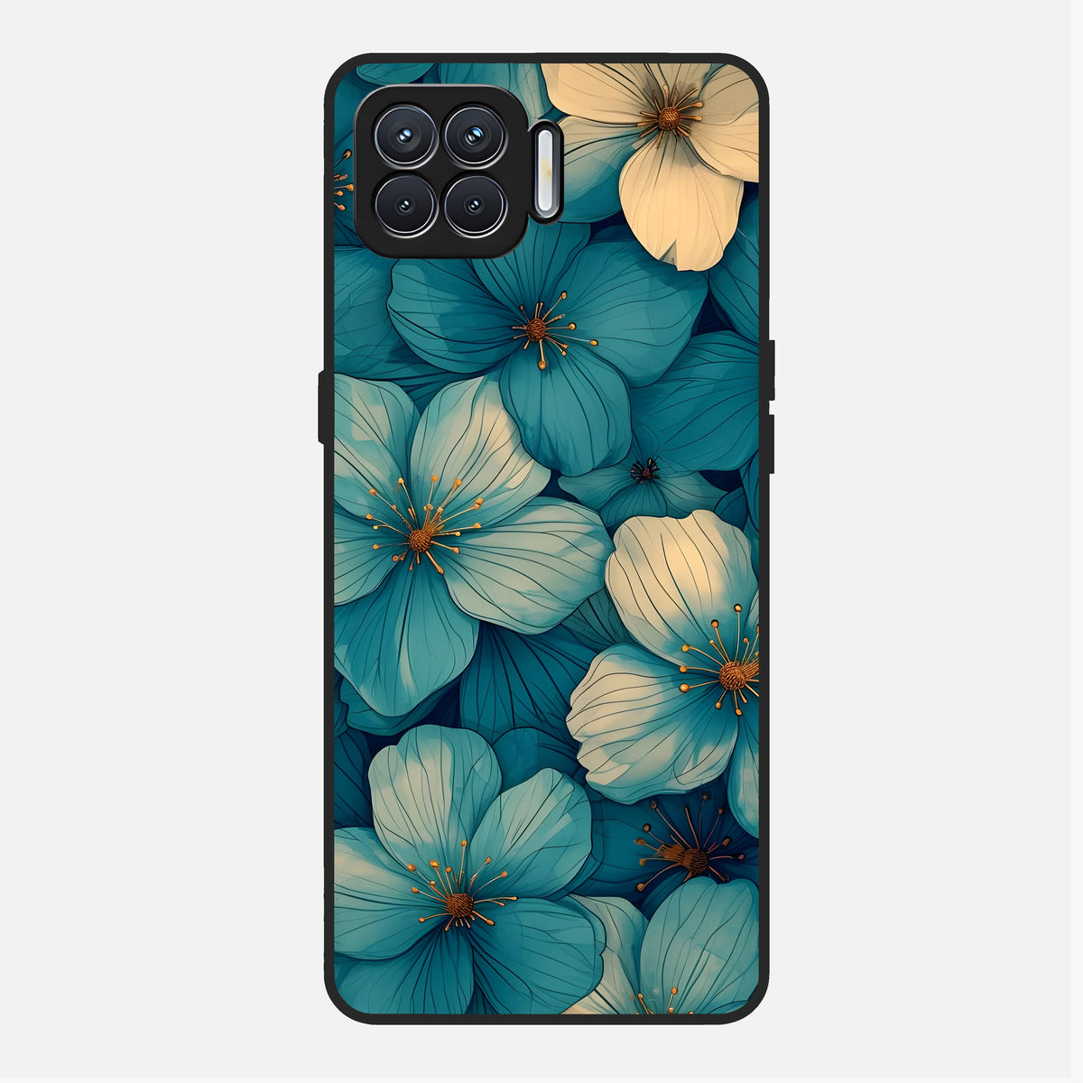  Blue Shade Floral Glass Case For Oppo F17 back cover – full design glossy printed glass finish