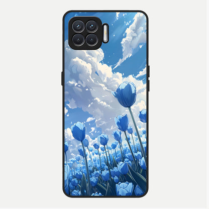  Blue Tulip Clouds Glass Case For Oppo F17 back cover – full design glossy printed glass finish