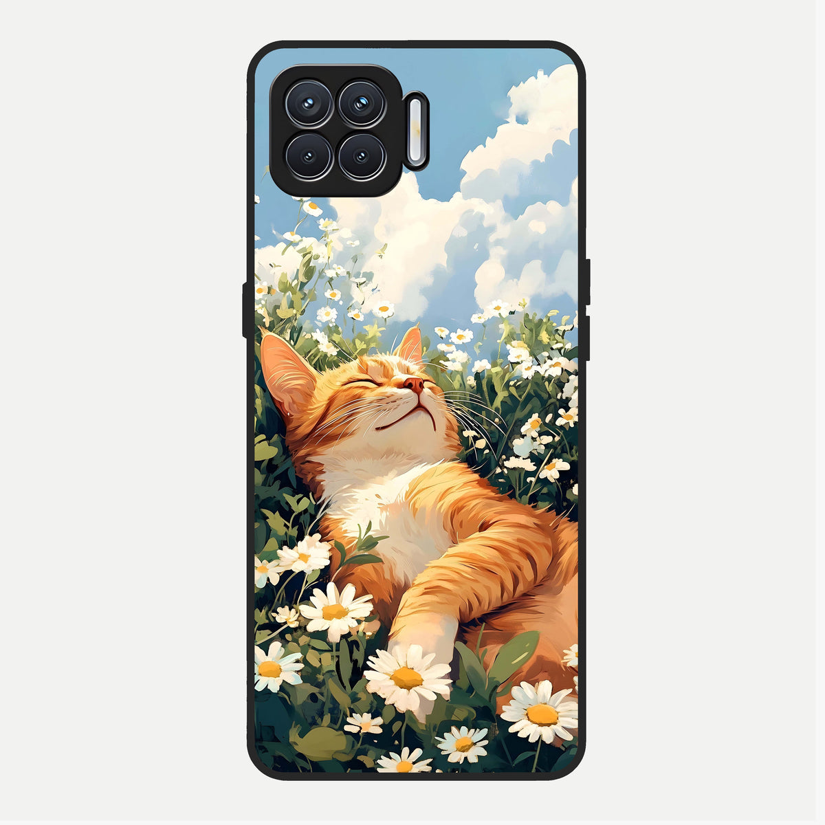  Cat And Flowers View Glass Case For Oppo F17 back cover – full design glossy printed glass finish